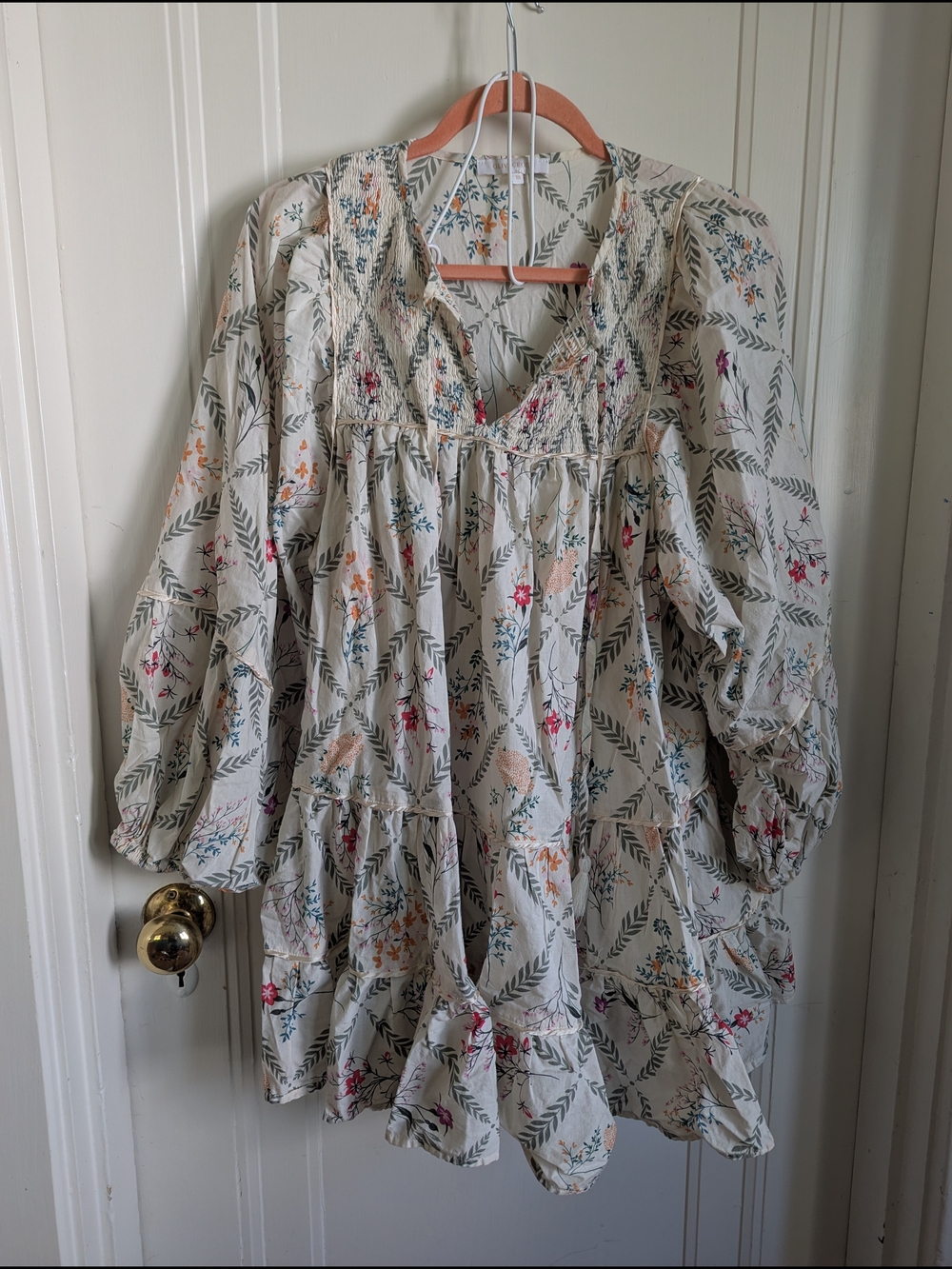 Olivaceous Cream Floral Long-Sleeve Tiered Mini Dress - Picture 6 of 9